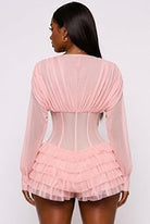 Women's pink lace-up corset sheer sleeve ruffle romper - photo 3
