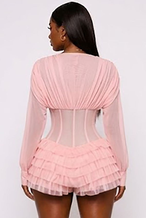 Women's pink lace-up corset sheer sleeve ruffle romper - photo 3