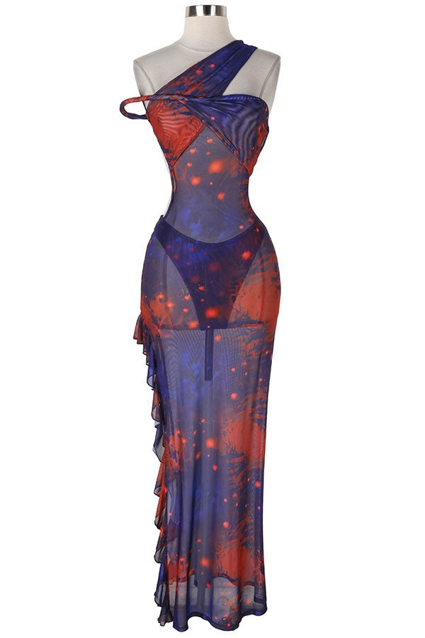 Women's Galaxy Print Mesh One-Shoulder Cutout Maxi Dress - photo 4