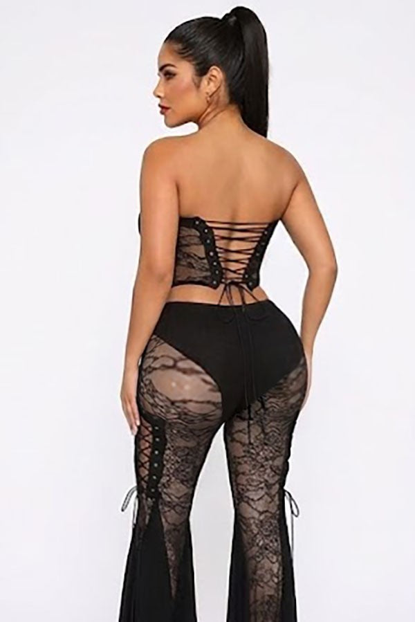 Women's Lace Strapless Corset Top & Bell-Bottom Pants Set - photo 4