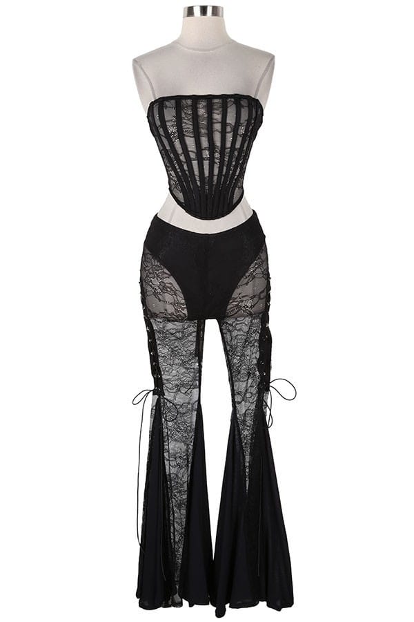 Women's Lace Strapless Corset Top & Bell-Bottom Pants Set - photo 2