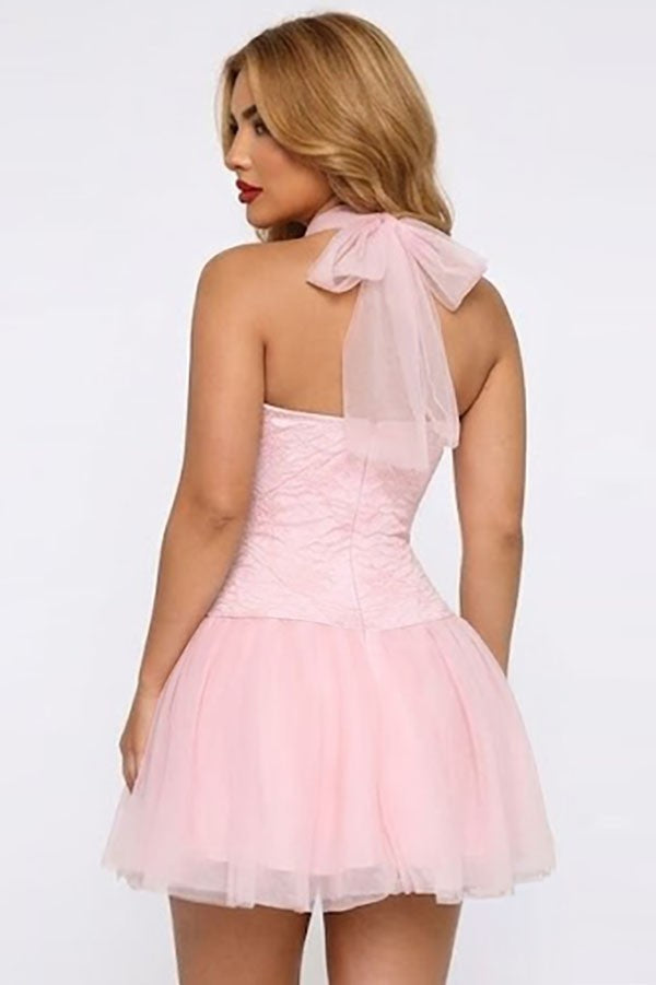 Women's pink lace corset halter tulle mini dress - photo 3