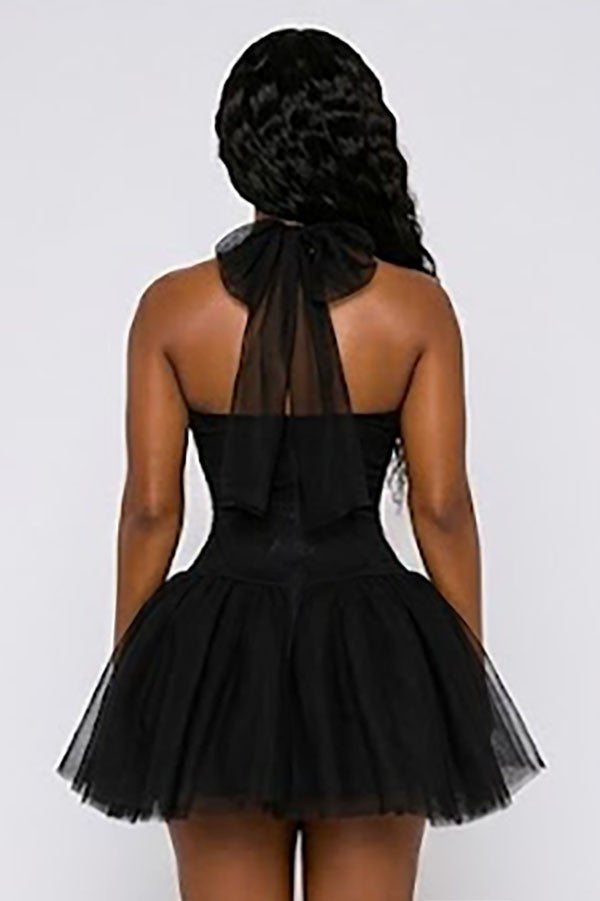 Women's black lace corset halter tulle mini dress - photo 3