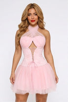 Women's pink lace corset halter tulle mini dress