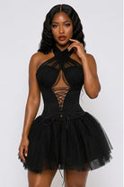 Women's black lace corset halter tulle mini dress