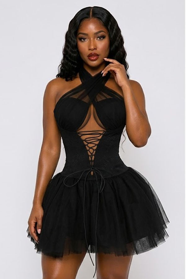 Women's black lace corset halter tulle mini dress