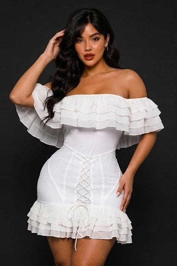 Women's white off-shoulder ruffle lace mini dress