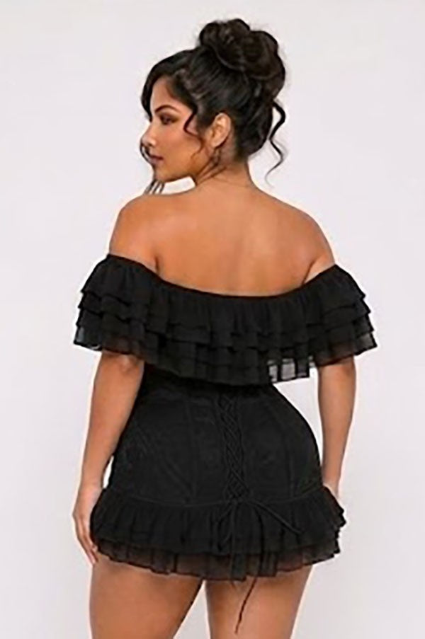 Women's black off-shoulder ruffle lace mini dress - photo 3