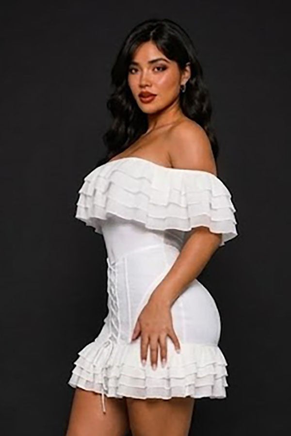 Women's white off-shoulder ruffle lace mini dress - photo 2