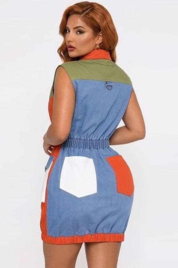 Women's Patchwork Color-Block Zip-Front Denim Mini Dress - photo 3