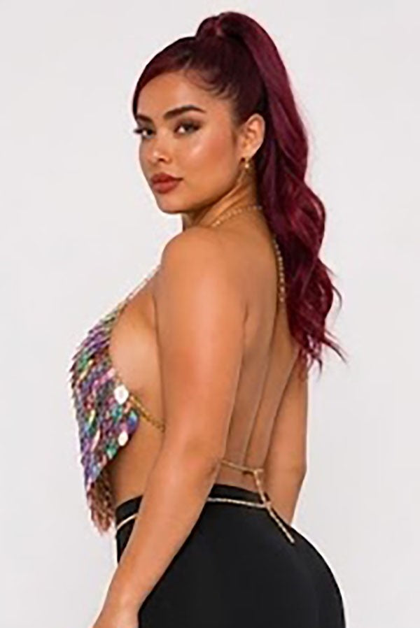 Women's Multicolor Sequin Halter Crop Top - photo 3