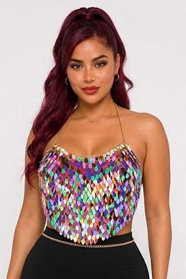 Women's Multicolor Sequin Halter Crop Top