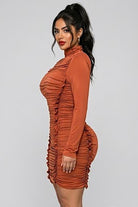 Women's Mock Neck Long Sleeve Ruched Drawstring Mini Dress - photo 2