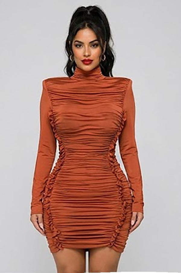 Women's Mock Neck Long Sleeve Ruched Drawstring Mini Dress
