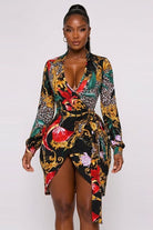 Women's Baroque Leopard Print Long Sleeve Wrap Mini Dress