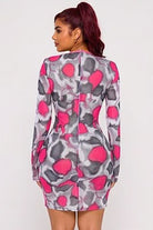 Women's pink multi abstract print mesh lace-up long sleeve mini dress - photo 3