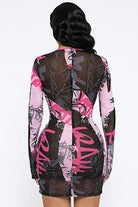 Women's fuchsia abstract print mesh lace-up long sleeve mini dress - photo 2