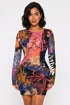 Women's mustard abstract print mesh lace-up long sleeve mini dress