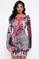 Women's fuchsia abstract print mesh lace-up long sleeve mini dress