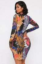 Women's mustard abstract print mesh lace-up long sleeve mini dress - photo 3