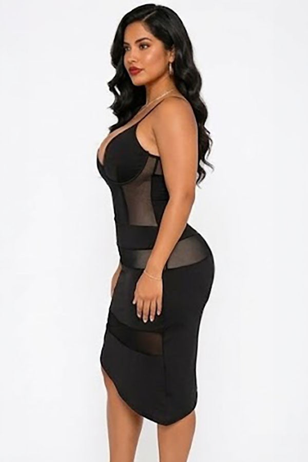 Women's Sheer Mesh Panel V-Neck Bodycon Mini Dress - photo 3