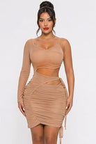 Women's One-Sleeve Waist Cutout Ruched Bodycon Mini Dress