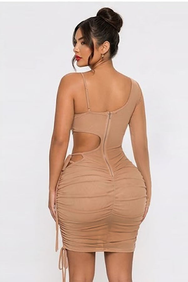 Women's One-Sleeve Waist Cutout Ruched Bodycon Mini Dress - photo 3
