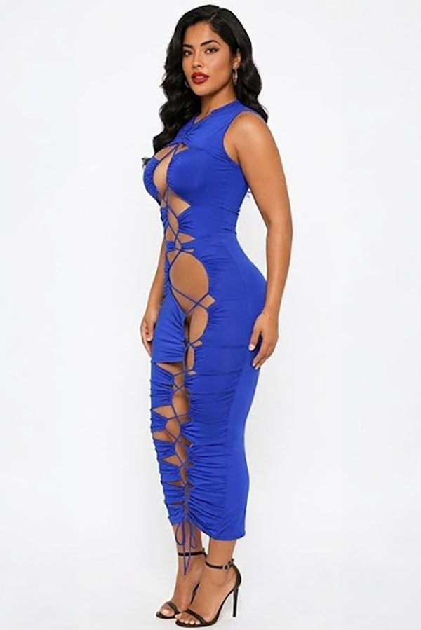 Women's Sleeveless Lace-Up Cutout Bodycon Midi Dress - photo 4