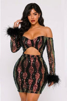 Women's Long Sleeve Lace Feather Cuff Mini Dress