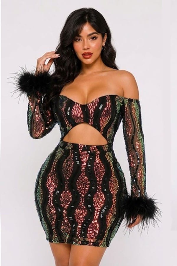 Women's Long Sleeve Lace Feather Cuff Mini Dress