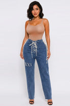 Women's High-Waist Lace-Up Tie Detail Denim Pants