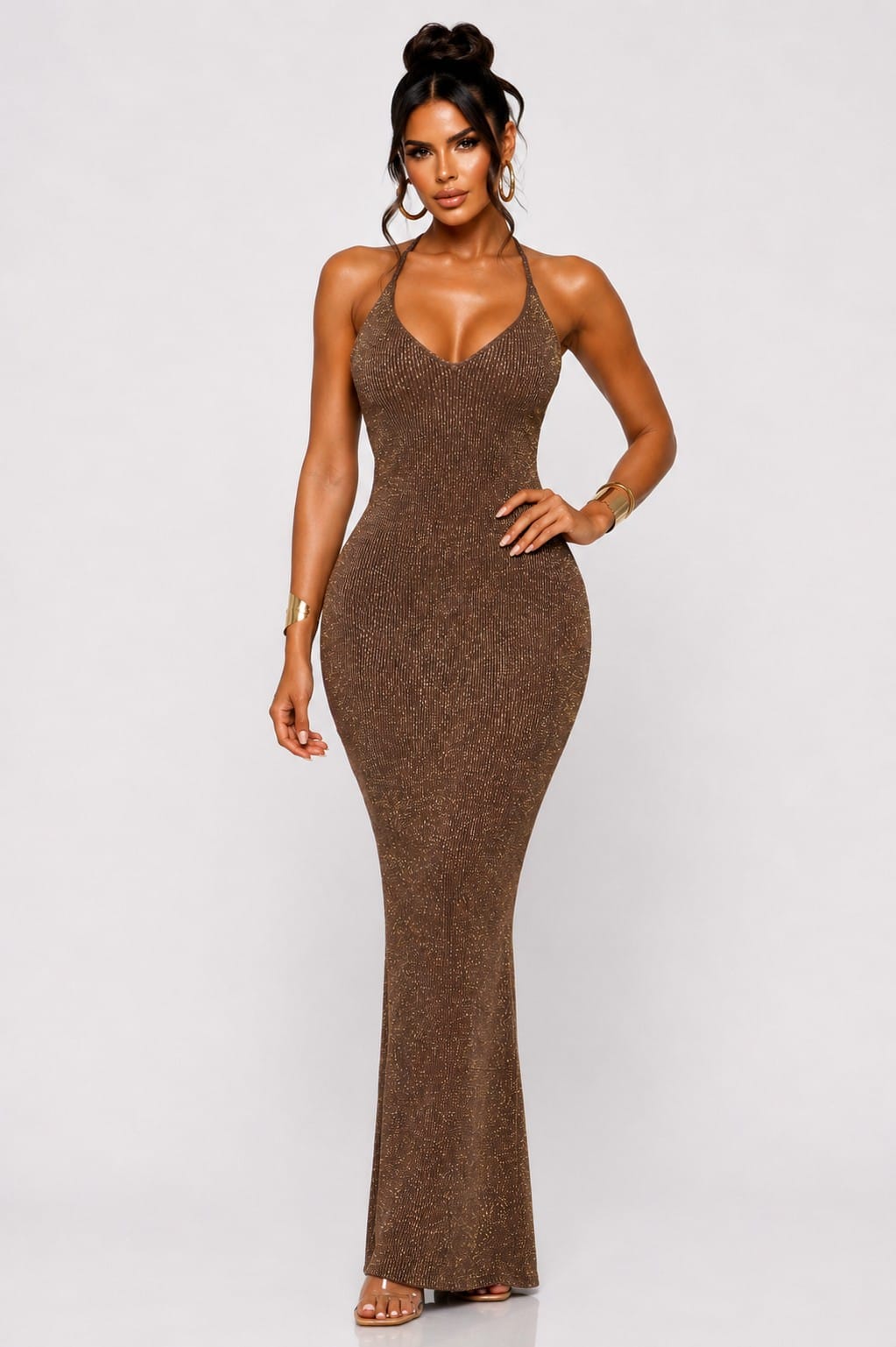 Women's Aurelia Luxe Halter Knit Lurex Gown – front view