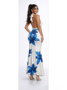 Women's Royal Blue Azure Bloom Floral Print Halter Bodycon Maxi Gown – side view