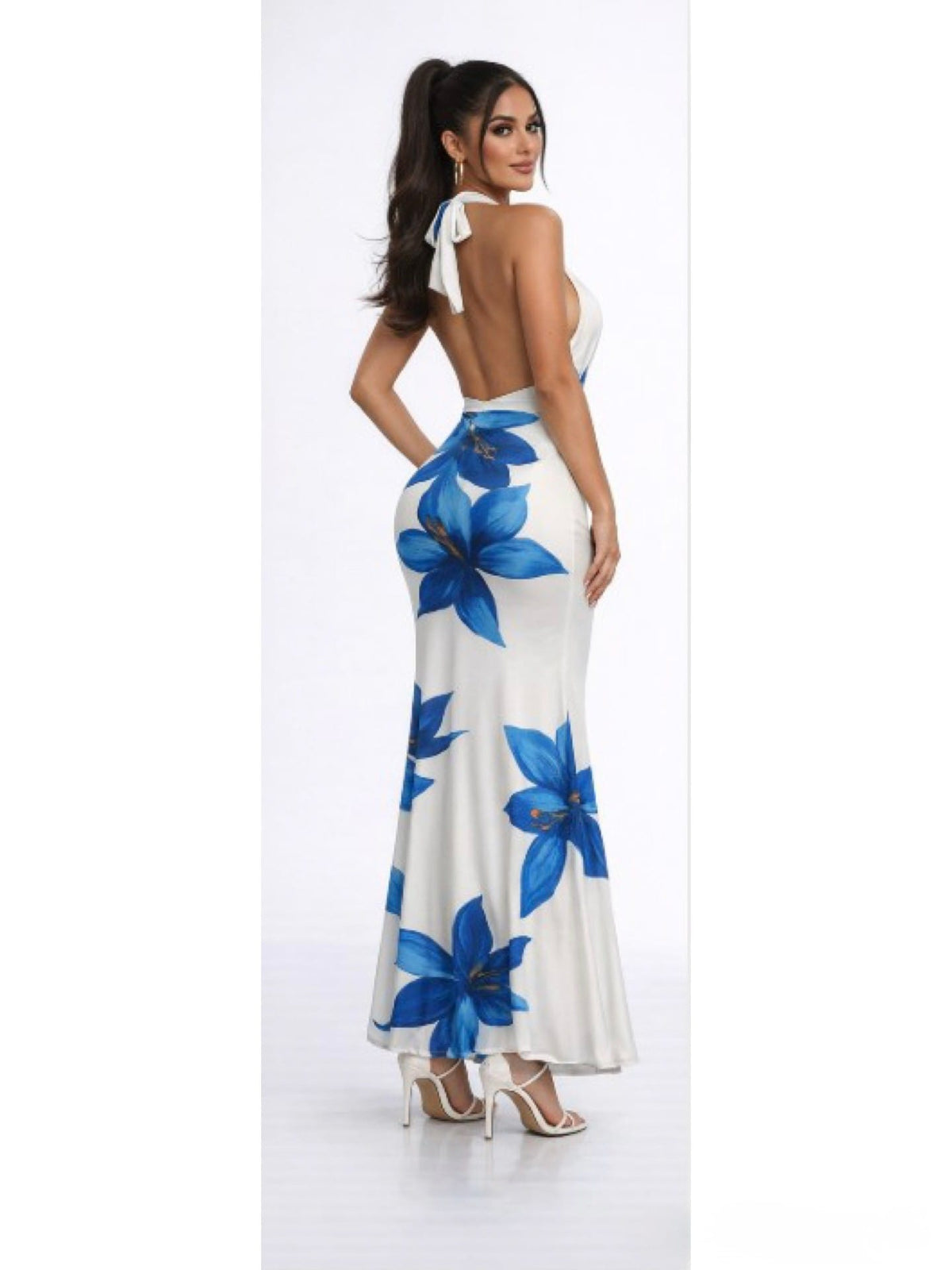 Women's Royal Blue Azure Bloom Floral Print Halter Bodycon Maxi Gown – side view