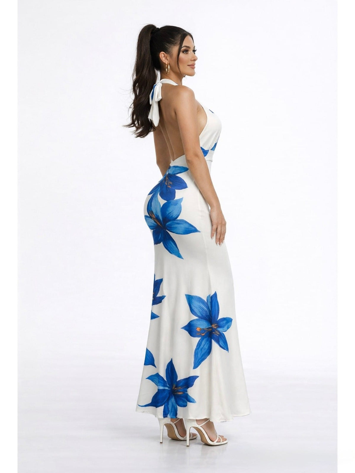 Women's Royal Blue Azure Bloom Floral Print Halter Bodycon Maxi Gown – back view