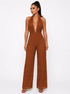 Women's Black Sculpted Elegance Textured Plunge Halter Wide Leg Jumpsuit – side view