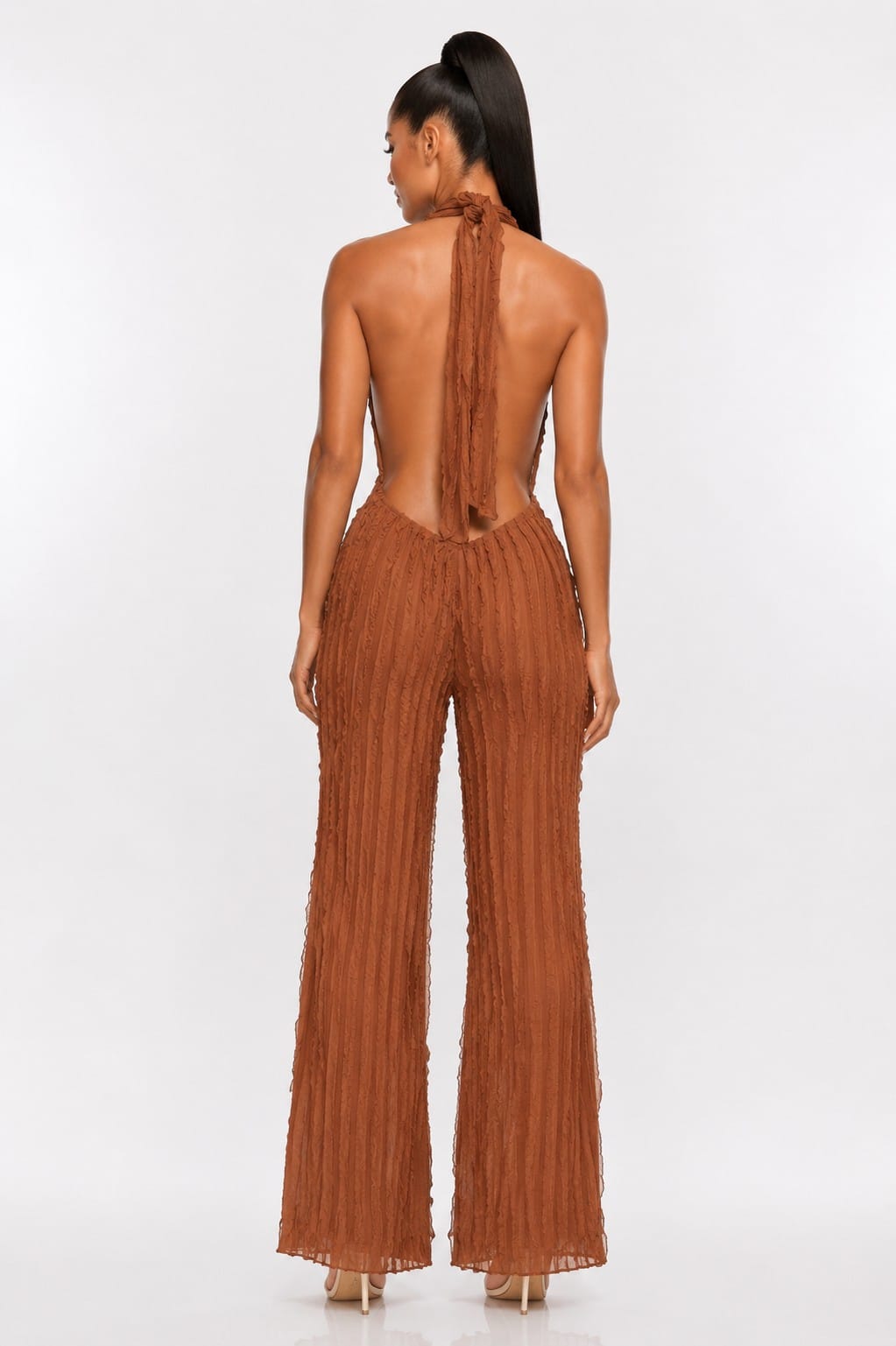 Women's Black Sculpted Elegance Textured Plunge Halter Wide Leg Jumpsuit – detail view