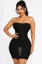Women's black strapless lace-up front bandage bodycon mini dress
