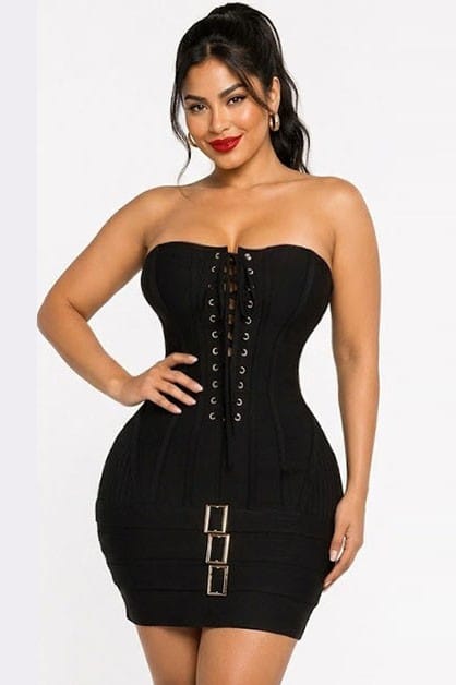 Women's black strapless lace-up front bandage bodycon mini dress