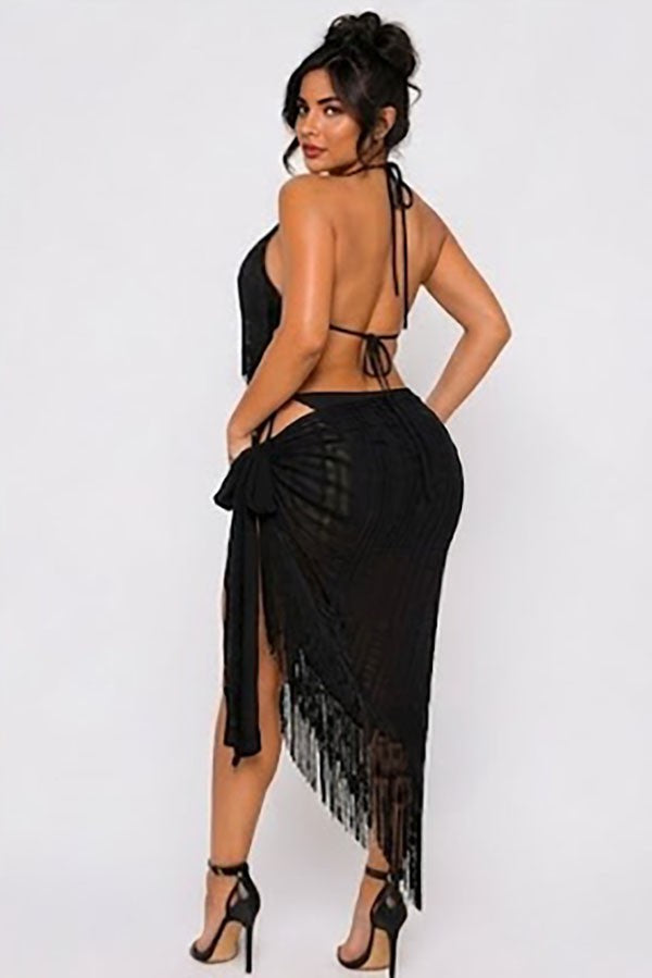 Women's Fringe Halter Bikini Top & Skirt Set - photo 3