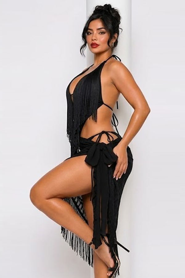 Women's Fringe Halter Bikini Top & Skirt Set - photo 2
