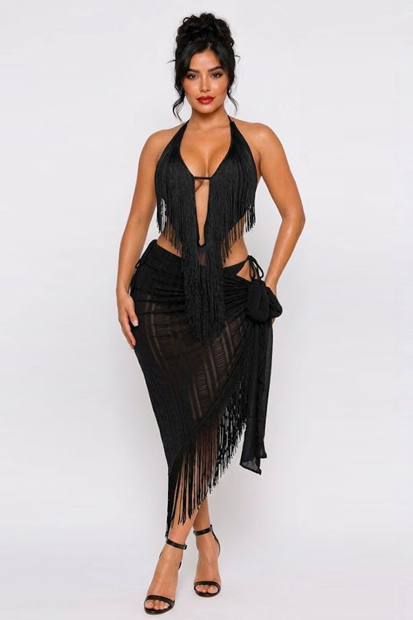 Women's Fringe Halter Bikini Top & Skirt Set