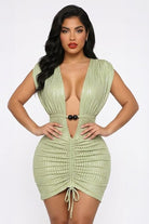 Women's Beaded Plunge Ruched Textured Mini Dress