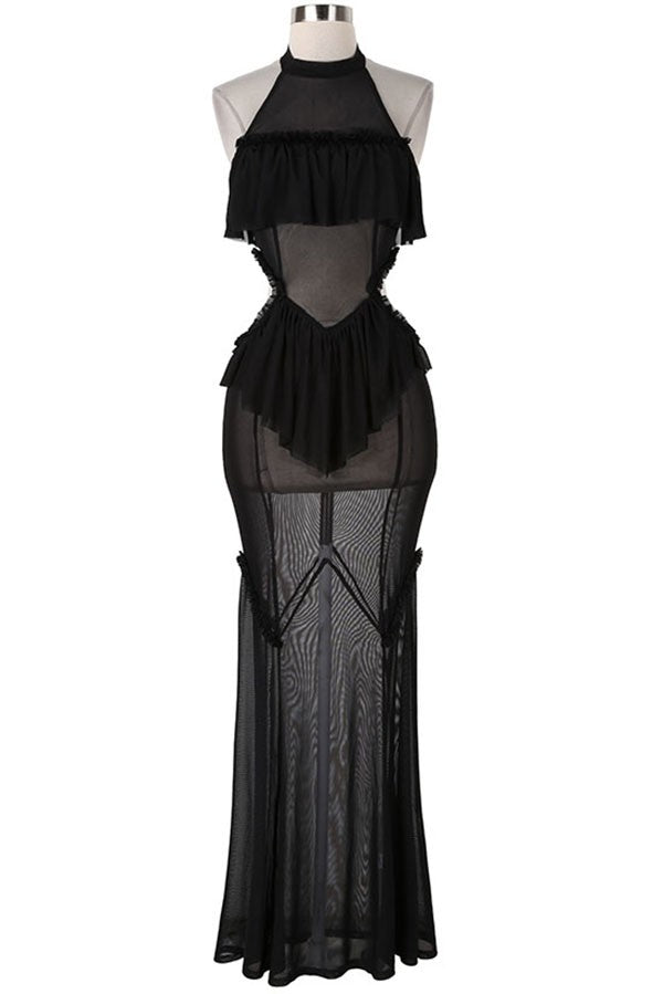 Women's Sheer Mesh Halter Ruffle Trim Maxi Dress - photo 4