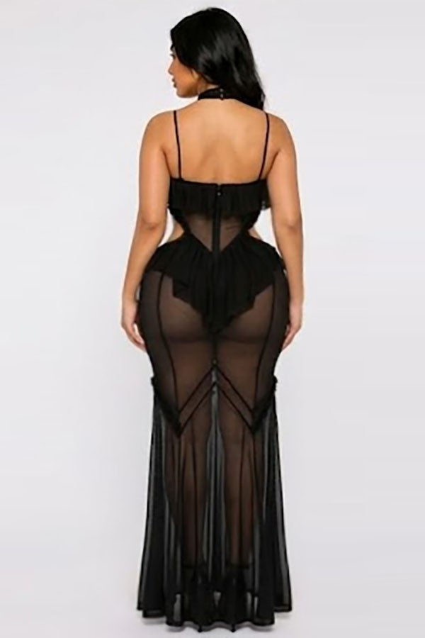 Women's Sheer Mesh Halter Ruffle Trim Maxi Dress - photo 3