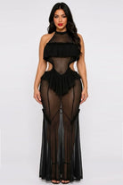 Women's Sheer Mesh Halter Ruffle Trim Maxi Dress