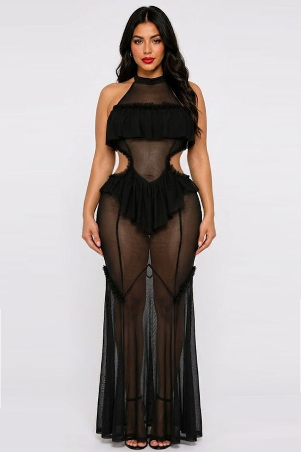 Women's Sheer Mesh Halter Ruffle Trim Maxi Dress