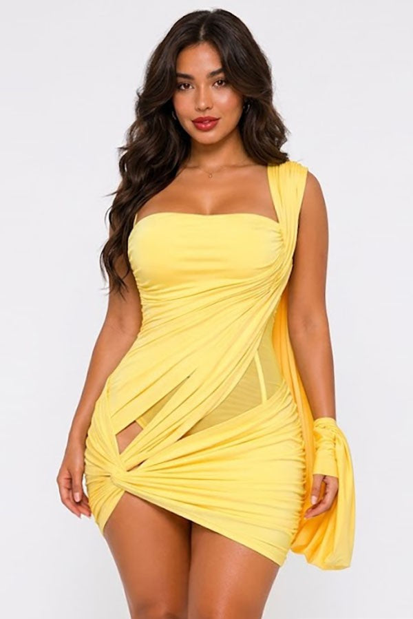 Women's Strapless Ruched Mesh Cutout Mini Dress