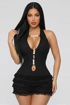 Women's black shell trim halter lace ruffle romper