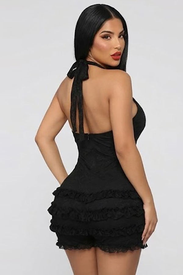Women's black shell trim halter lace ruffle romper - photo 3